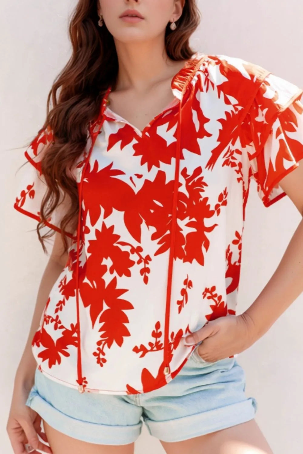 Plant Print Tiered Ruffled Sleeve Tie Neck Blouse - Premium Tops from Trendsi - Just $26.02! Shop now at Handbags Specialist Headquarter