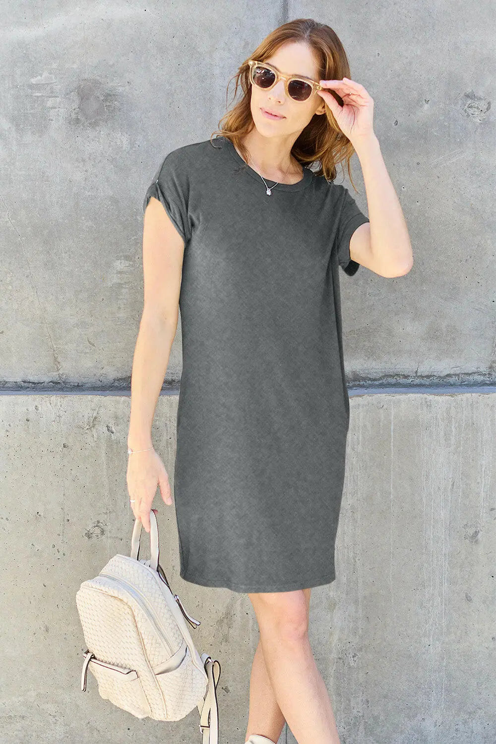 Basic Bae Full Size Round Neck Short Sleeve Dress with Pockets.