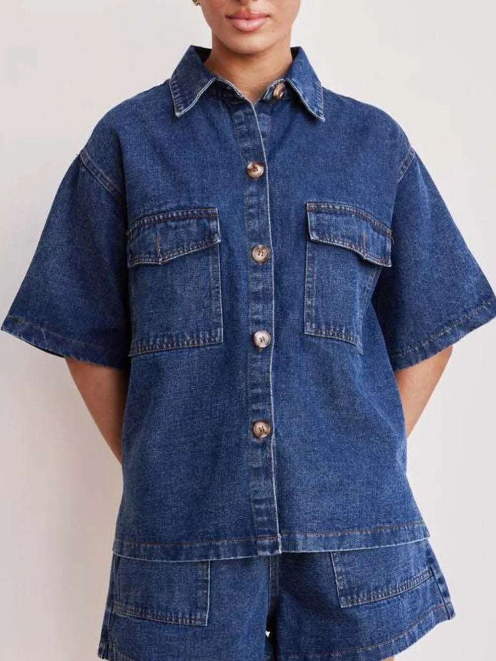 Button Up Half Sleeve Denim Shirt - Premium Women / Jeans & Denim from Trendsi - Just $34.56! Shop now at Handbags Specialist Headquarter