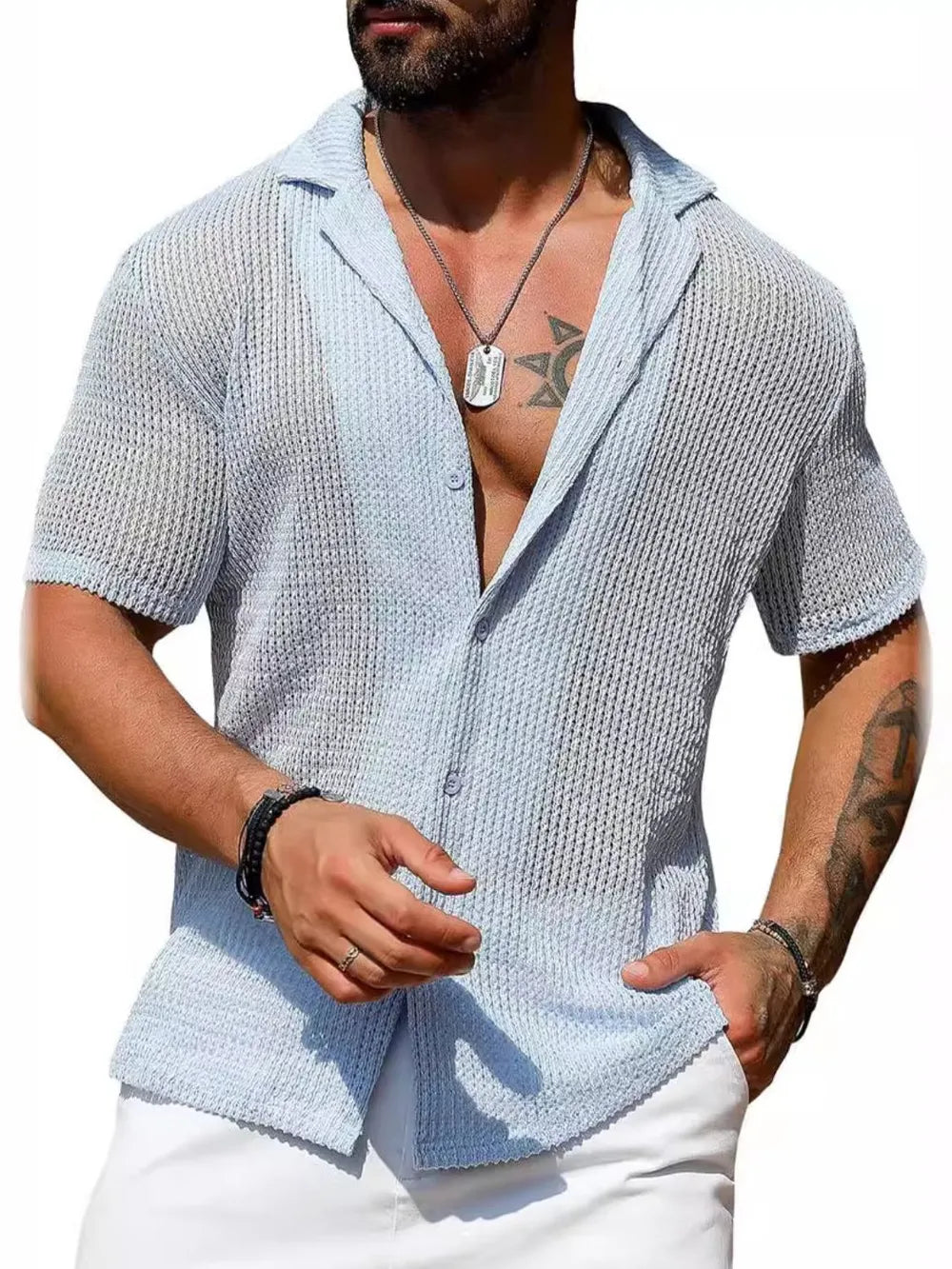 Men's Full Size Openwork Button Down Short Sleeve Shirt Plus Size - Premium Men's Shirts from Trendsi - Just $36.14! Shop now at Handbags Specialist Headquarter