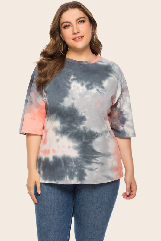 Plus Size Tie-Dye Half Sleeve Tee Shirt - Premium Plus Size Shirts from Trendsi - Just $27! Shop now at Handbags Specialist Headquarter
