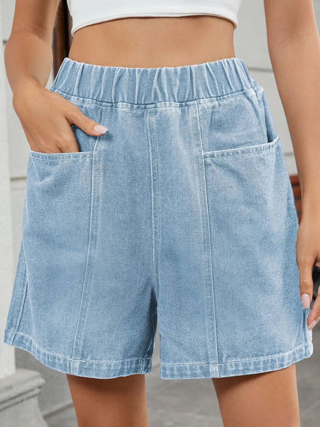 Elastic Waist Denim Shorts - Premium Women / Jeans & Denim from Trendsi - Just $20.90! Shop now at Handbags Specialist Headquarter