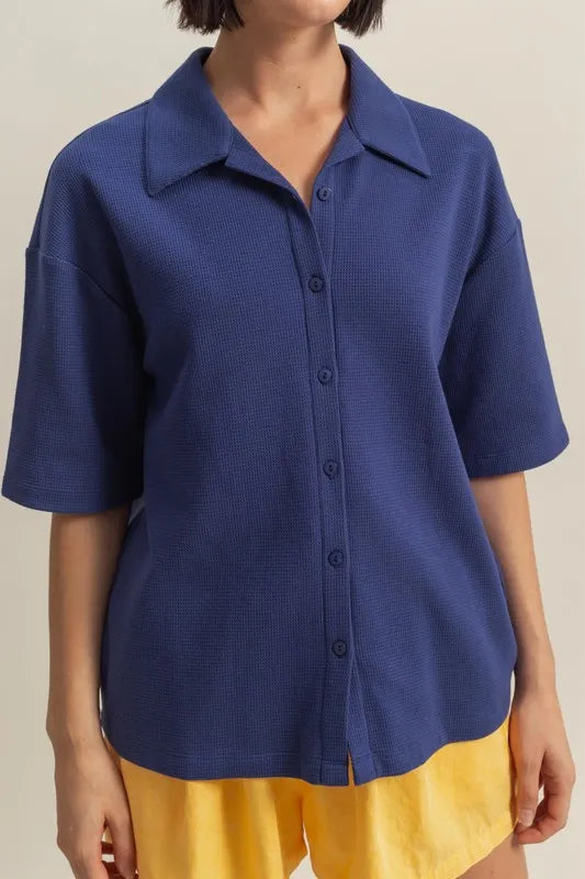 HYFVE Collared Neck Button Down Waffle Shirt - Premium Women's Down Shirt Tops from Trendsi - Just $35.56! Shop now at Handbags Specialist Headquarter