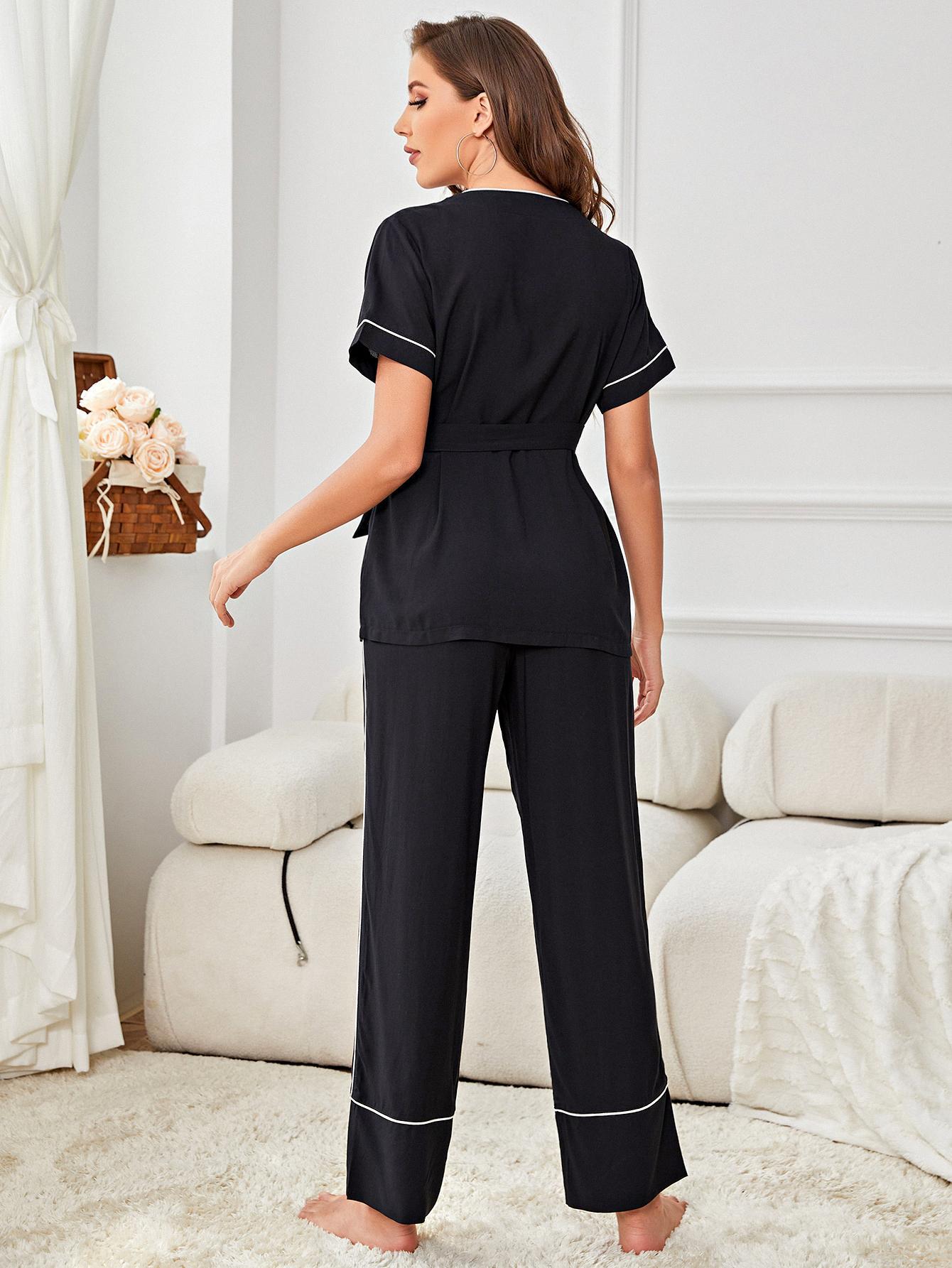 Contrast Piping Belted Top and Pants Pajama Set - Premium Sleepwear from Trendsi - Just $33! Shop now at Handbags Specialist Headquarter