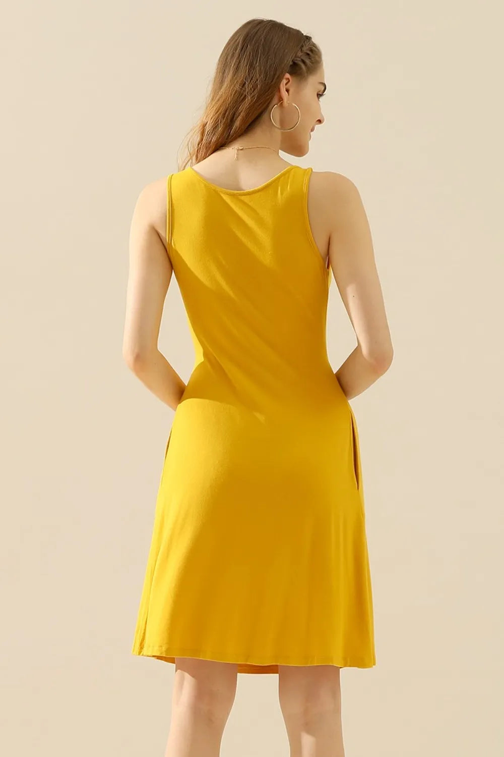 Doublju Full Size Round Neck Ruched Sleeveless Dress with Pockets - Premium Dresses from Trendsi - Just $15.99! Shop now at Handbags Specialist Headquarter
