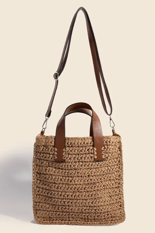 Fame Faux Leather Handle Straw Braided Handbag.