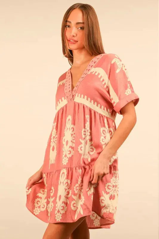 VERY J Plus Size Printed V-Neck Woven Mini Dress.