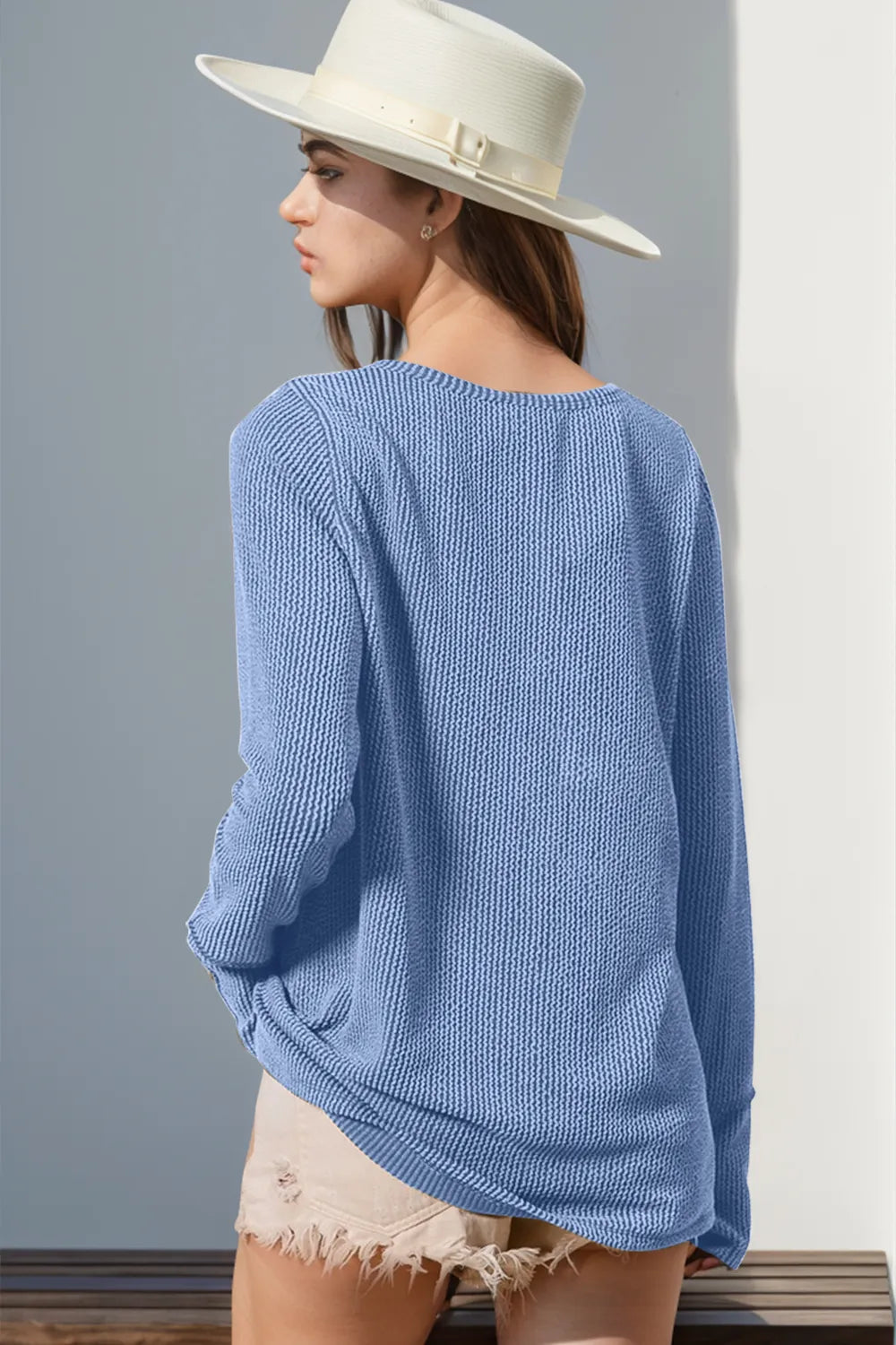 Double Take Full Size Notched Thumbhole Long Sleeve T-Shirt - Premium Tops from Trendsi - Just $25.88! Shop now at Handbags Specialist Headquarter