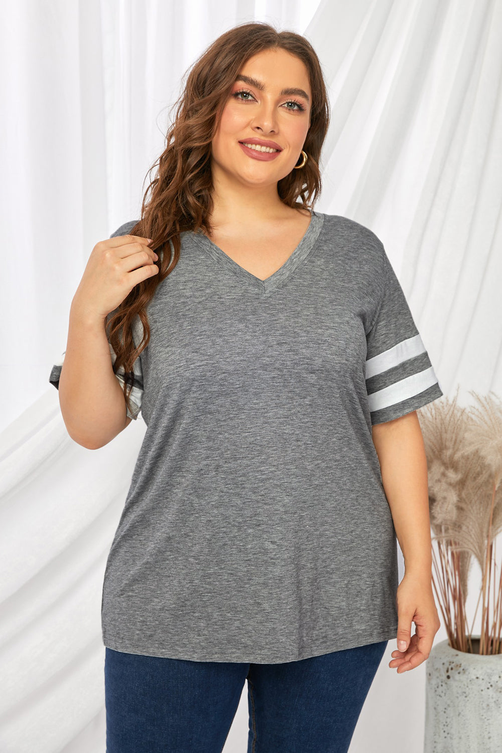 Plus Size Striped V-Neck Tee Shirt - Premium Plus Size Shirts from Trendsi - Just $26! Shop now at Handbags Specialist Headquarter