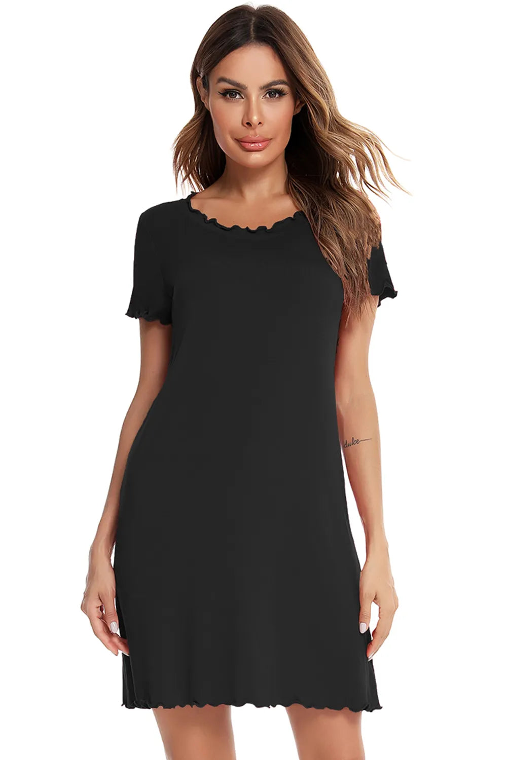 Round Neck Short Sleeve Lounge Dress - Premium Sleepwear from Trendsi - Just $28.99! Shop now at Handbags Specialist Headquarter