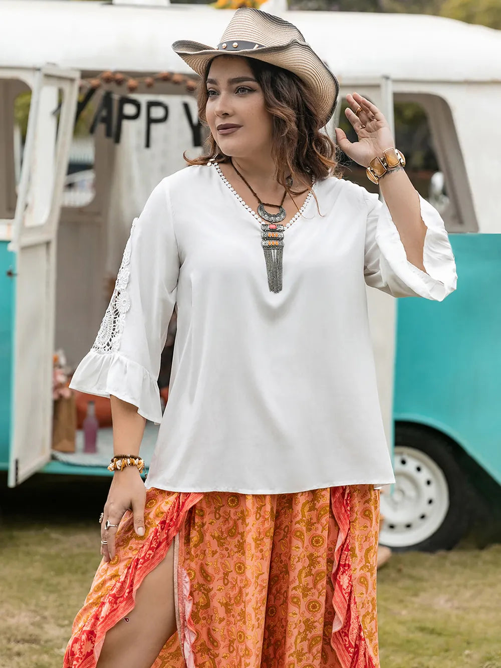 Plus Size Lace Detail V-Neck Three-Quarter Sleeve Blouse - Premium Plus Size Shirts from Trendsi - Just $22.50! Shop now at Handbags Specialist Headquarter