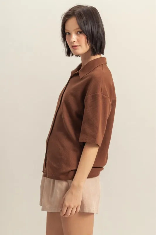 HYFVE Collared Neck Button Down Waffle Shirt - Premium Women / Tops from Trendsi - Just $35.56! Shop now at Handbags Specialist Headquarter
