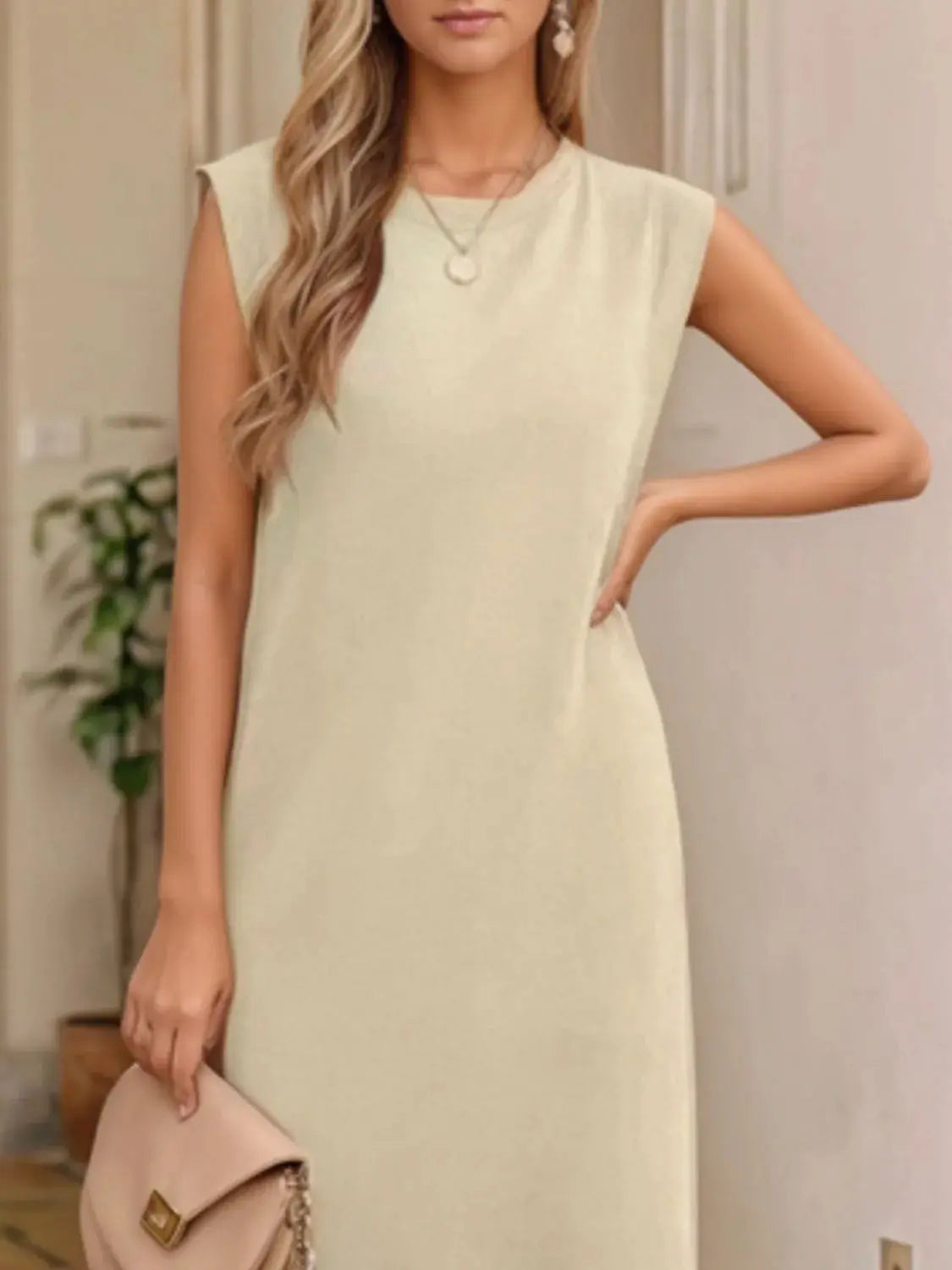 Full Size Slit Round Neck Sleeveless Maxi Tank Dress Plus Size.