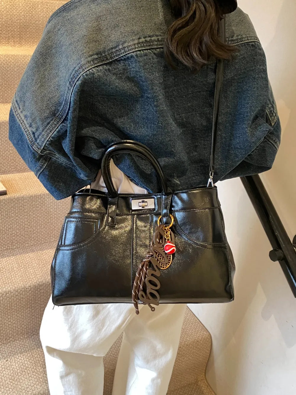 PU Leather Handbag with Pendant - Premium Tote Bag from Trendsi - Just $40.99! Shop now at Handbags Specialist Headquarter