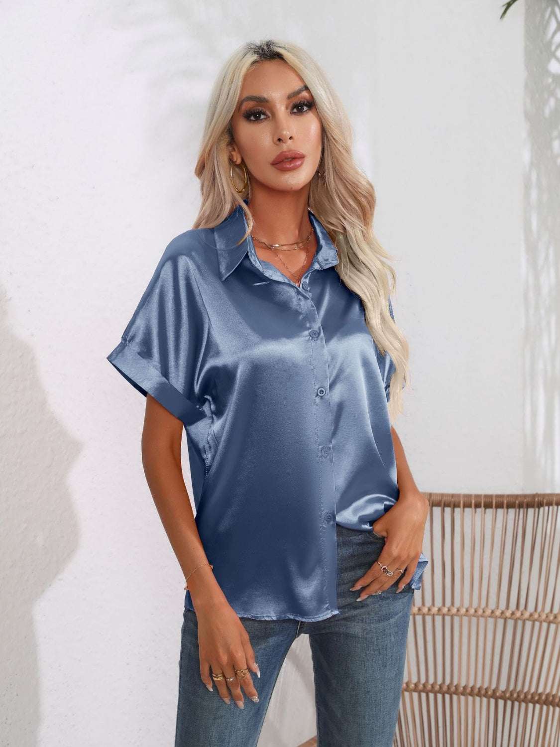 Button Down Collared Neck Short Sleeve Satin Shirt - Premium Women / Tops from Trendsi - Just $18.76! Shop now at Handbags Specialist Headquarter