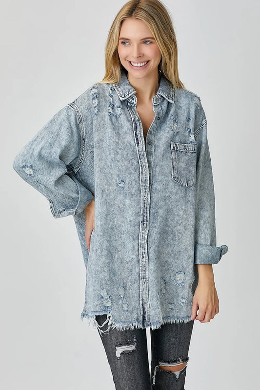 RISEN Distressed Raw Hem Denim Shirt - Premium Women / Jeans & Denim from Trendsi - Just $53.10! Shop now at Handbags Specialist Headquarter