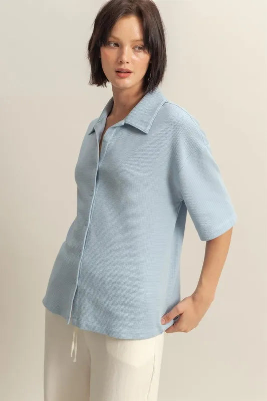 HYFVE Collared Neck Button Down Waffle Shirt - Premium Women's Down Shirt Tops from Trendsi - Just $35.56! Shop now at Handbags Specialist Headquarter