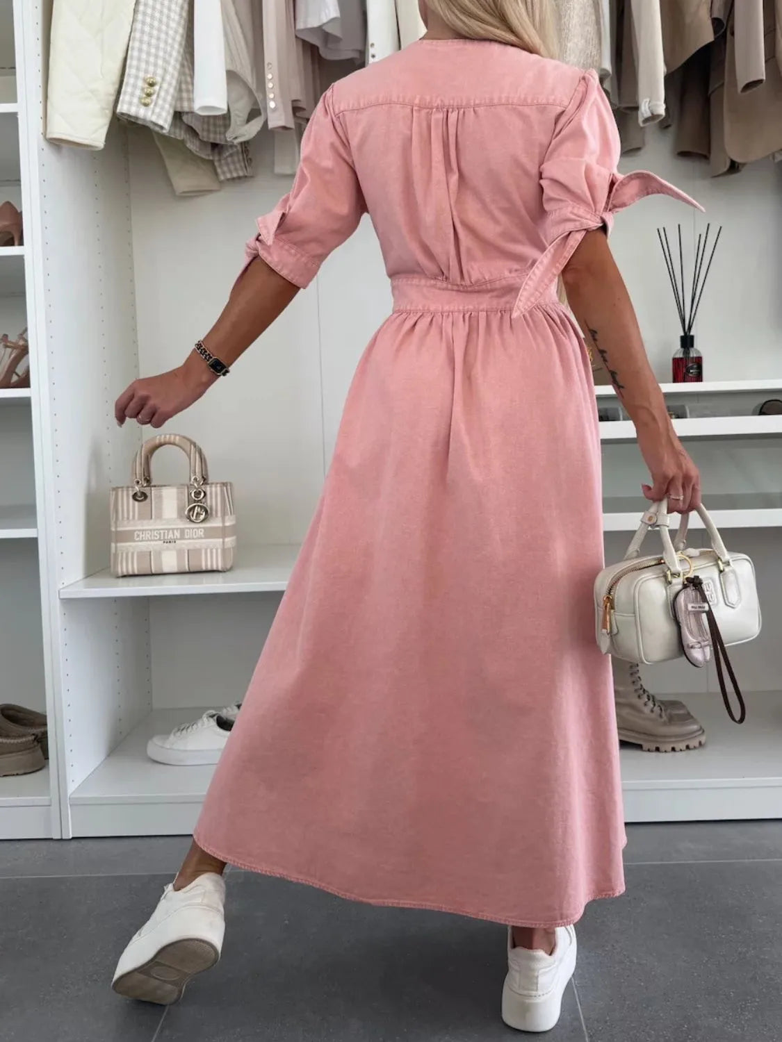 Button Front V-Neck Half Sleeve Denim Dress - Premium Women / Jeans & Denim from Trendsi - Just $53.68! Shop now at Handbags Specialist Headquarter