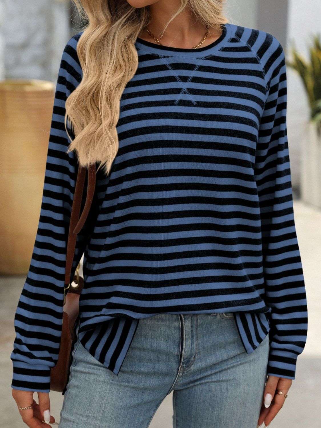 Mandy Striped Round Neck Long Sleeve T-Shirt - Premium Women / Tops from Trendsi - Just $24.72! Shop now at Handbags Specialist Headquarter
