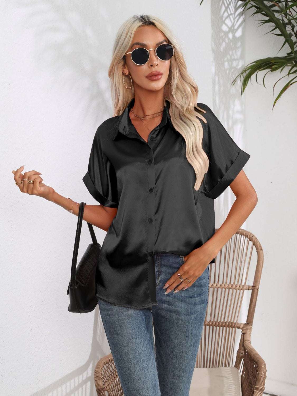 Button Down Collared Neck Short Sleeve Satin Shirt - Premium Women / Tops from Trendsi - Just $18.76! Shop now at Handbags Specialist Headquarter