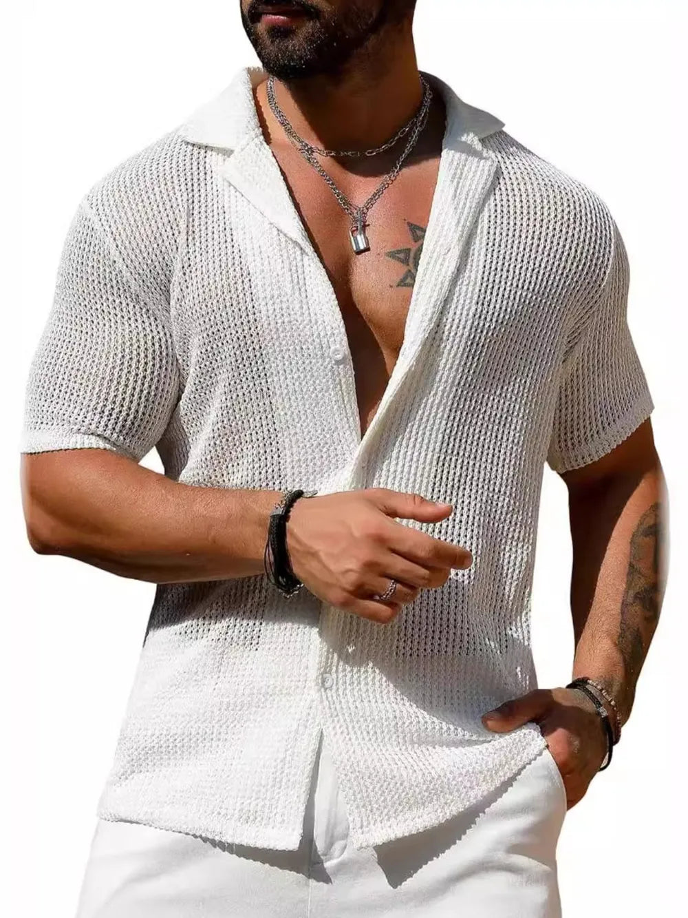 Men's Full Size Openwork Button Down Short Sleeve Shirt Plus Size - Premium Men's Shirts from Trendsi - Just $36.14! Shop now at Handbags Specialist Headquarter