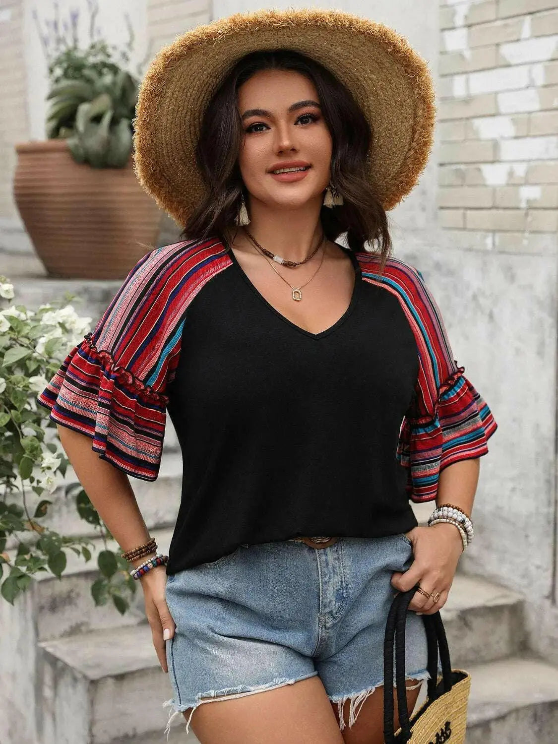 Plus Size V-Neck Flounce Sleeve Top.