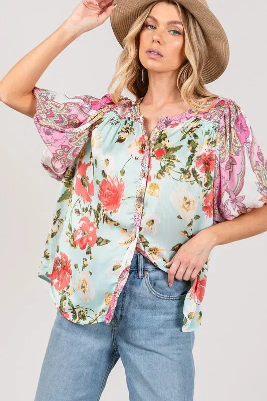 SAGE+FIG Plus Size Floral Mineral Wash French Terry Button Up Shirt.