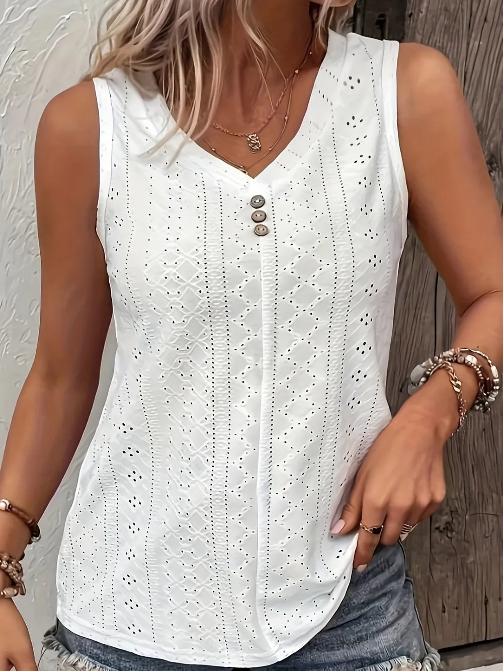 Full Size Eyelet V-Neck Tank Plus Size - Premium Dresses from Trendsi - Just $22.99! Shop now at Handbags Specialist Headquarter