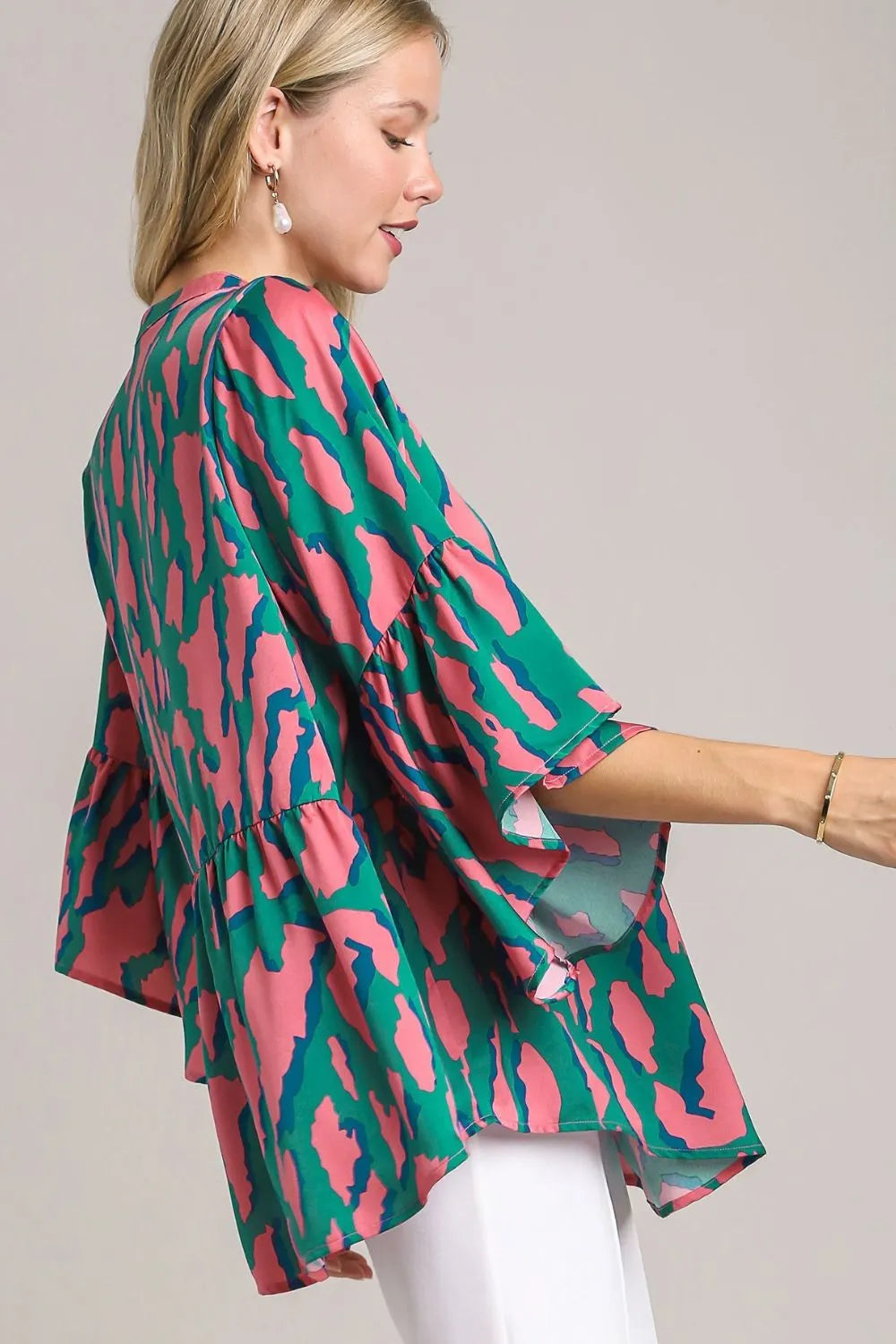 Umgee Full Size Satin Leopard 3/4 Bell Sleeve Babydoll Blouse Plus Size - Premium Dresses from Trendsi - Just $38.99! Shop now at Handbags Specialist Headquarter