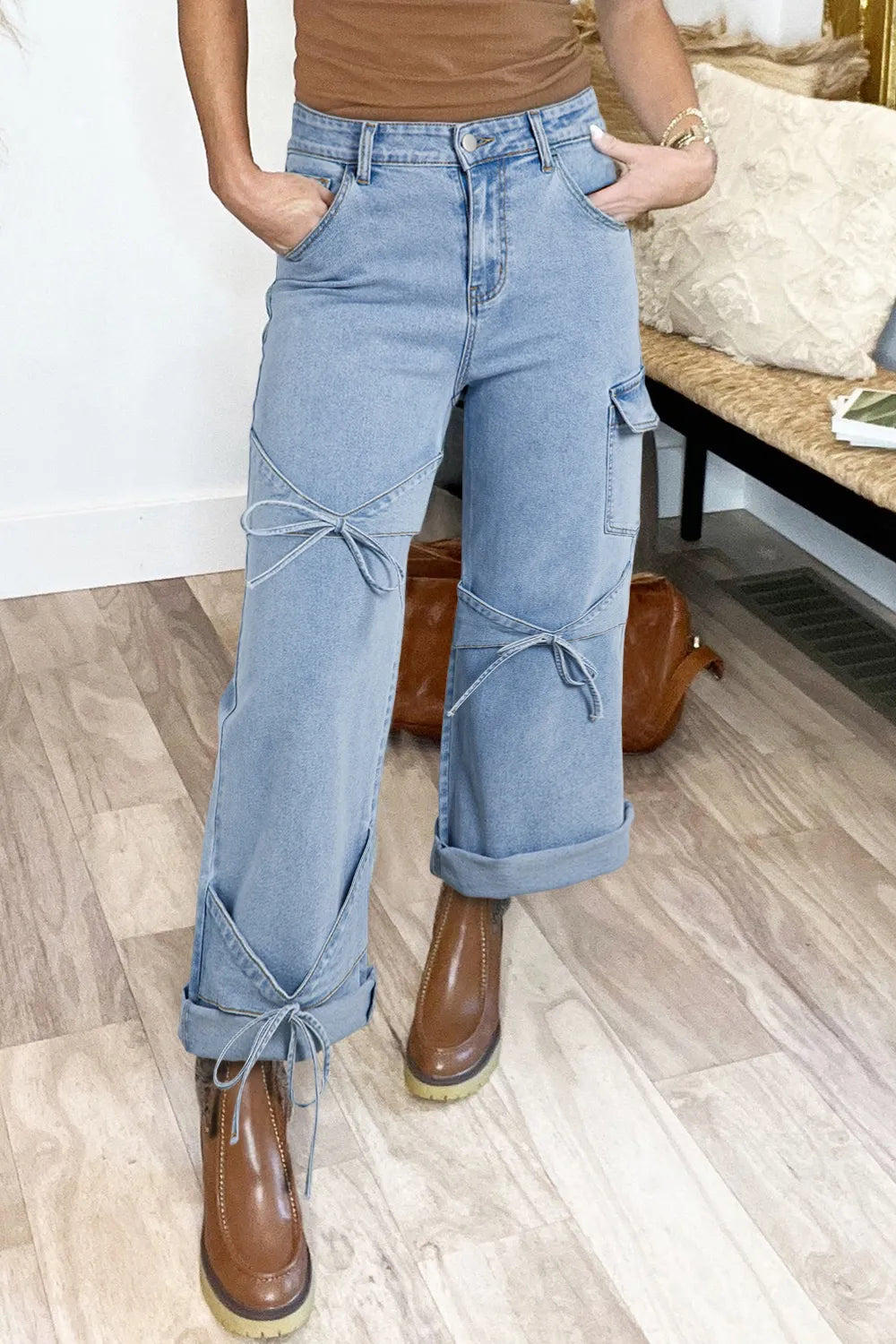 Bowknot Decor Cargo Jeans - Premium Women / Jeans & Denim from Trendsi - Just $56.70! Shop now at Handbags Specialist Headquarter