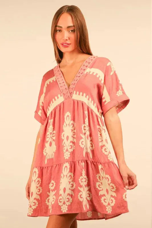 VERY J Plus Size Printed V-Neck Woven Mini Dress.