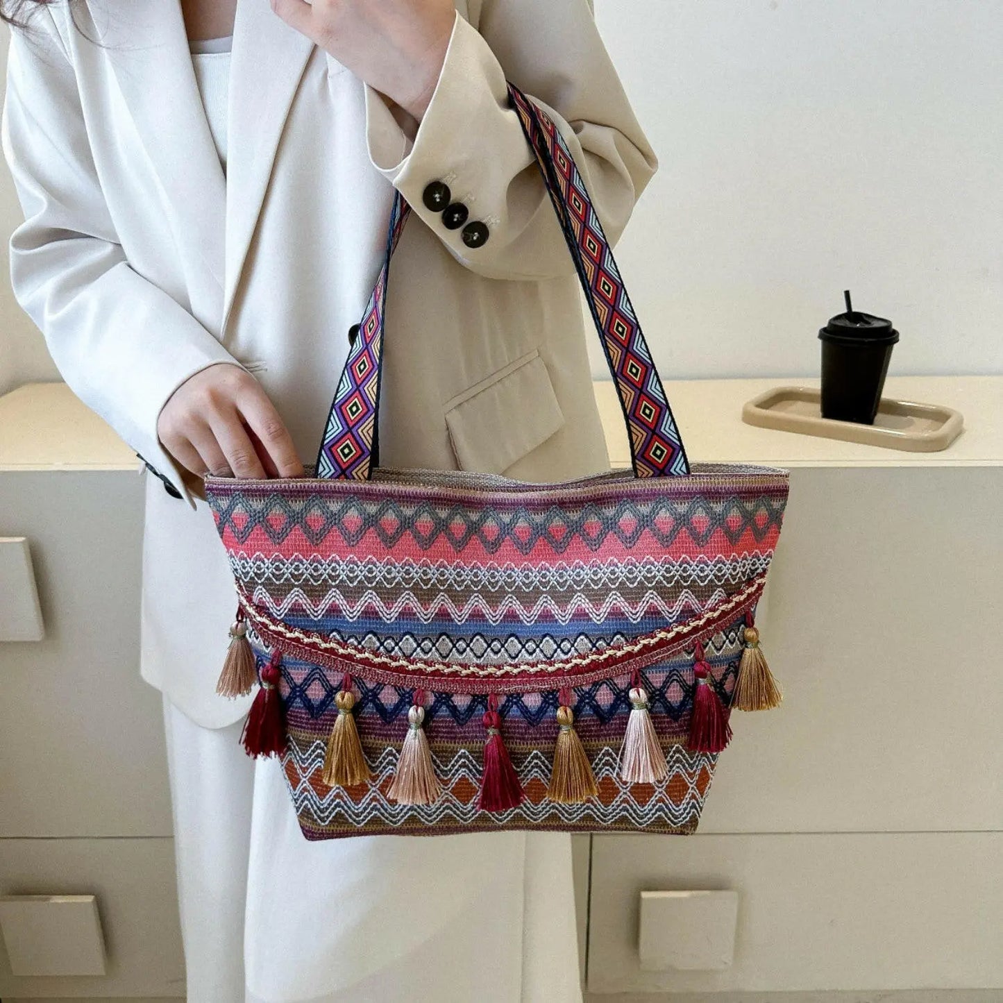 Printed Tassel Detail Tote Bag.