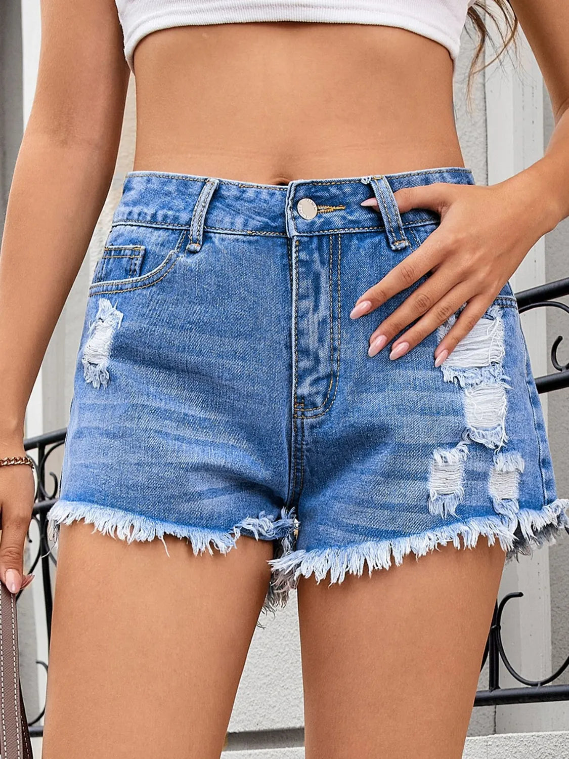 Distressed Raw Hem Denim Shorts - Premium Women / Jeans & Denim from Trendsi - Just $24.80! Shop now at Handbags Specialist Headquarter