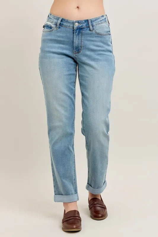 Judy Blue Full Size V-Front Cuff Boyfriend Jeans Plus Size - Premium Women / Jeans & Denim from Trendsi - Just $58.99! Shop now at Handbags Specialist Headquarter