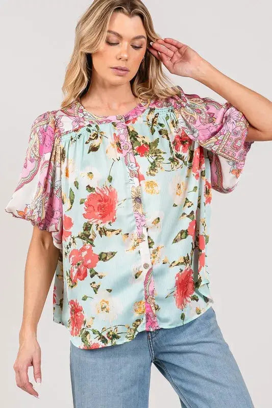 SAGE+FIG Plus Size Floral Mineral Wash French Terry Button Up Shirt.