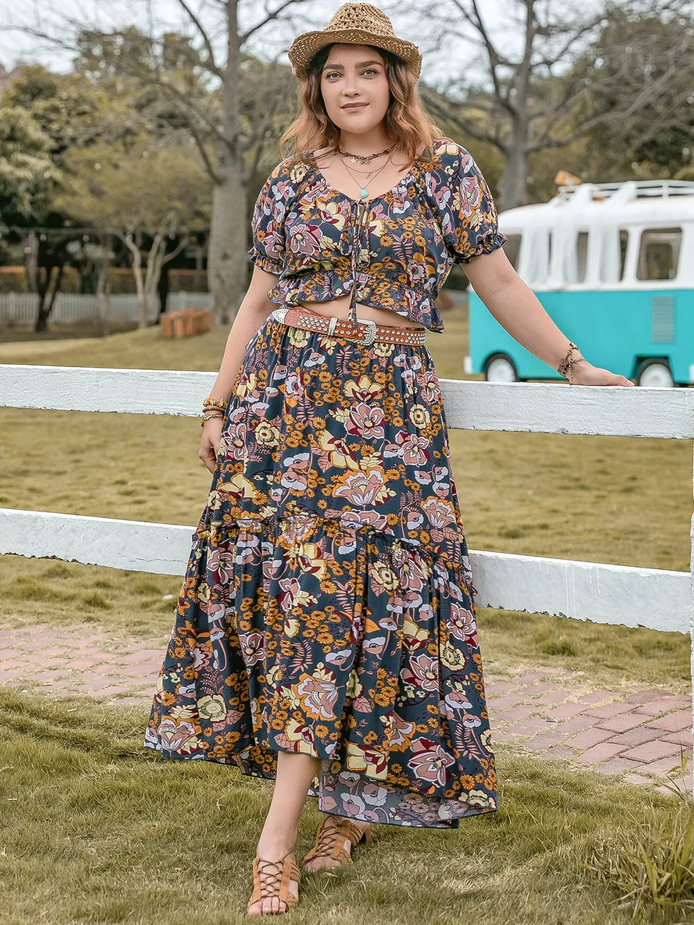 Plus Size Tie Neck Short Sleeve Top and Skirt Set - Premium from Trendsi - Just $50.99! Shop now at Handbags Specialist Headquarter
