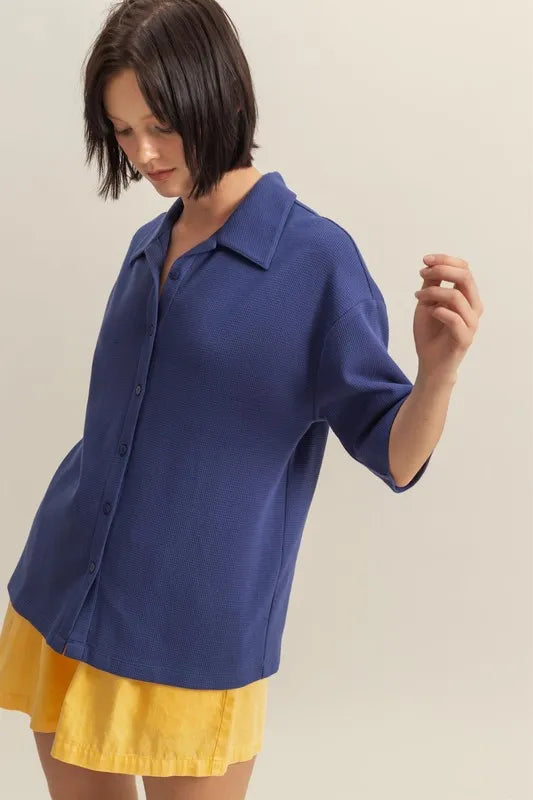 HYFVE Collared Neck Button Down Waffle Shirt - Premium Women's Down Shirt Tops from Trendsi - Just $35.56! Shop now at Handbags Specialist Headquarter