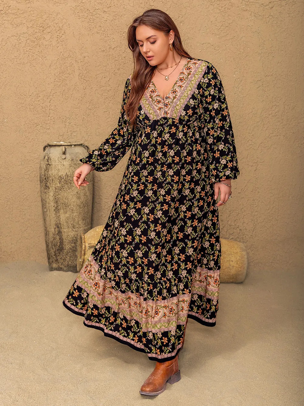 Plus Size Floral V-Neck Balloon Sleeve Dress - Premium Dresses from Trendsi - Just $45.99! Shop now at Handbags Specialist Headquarter