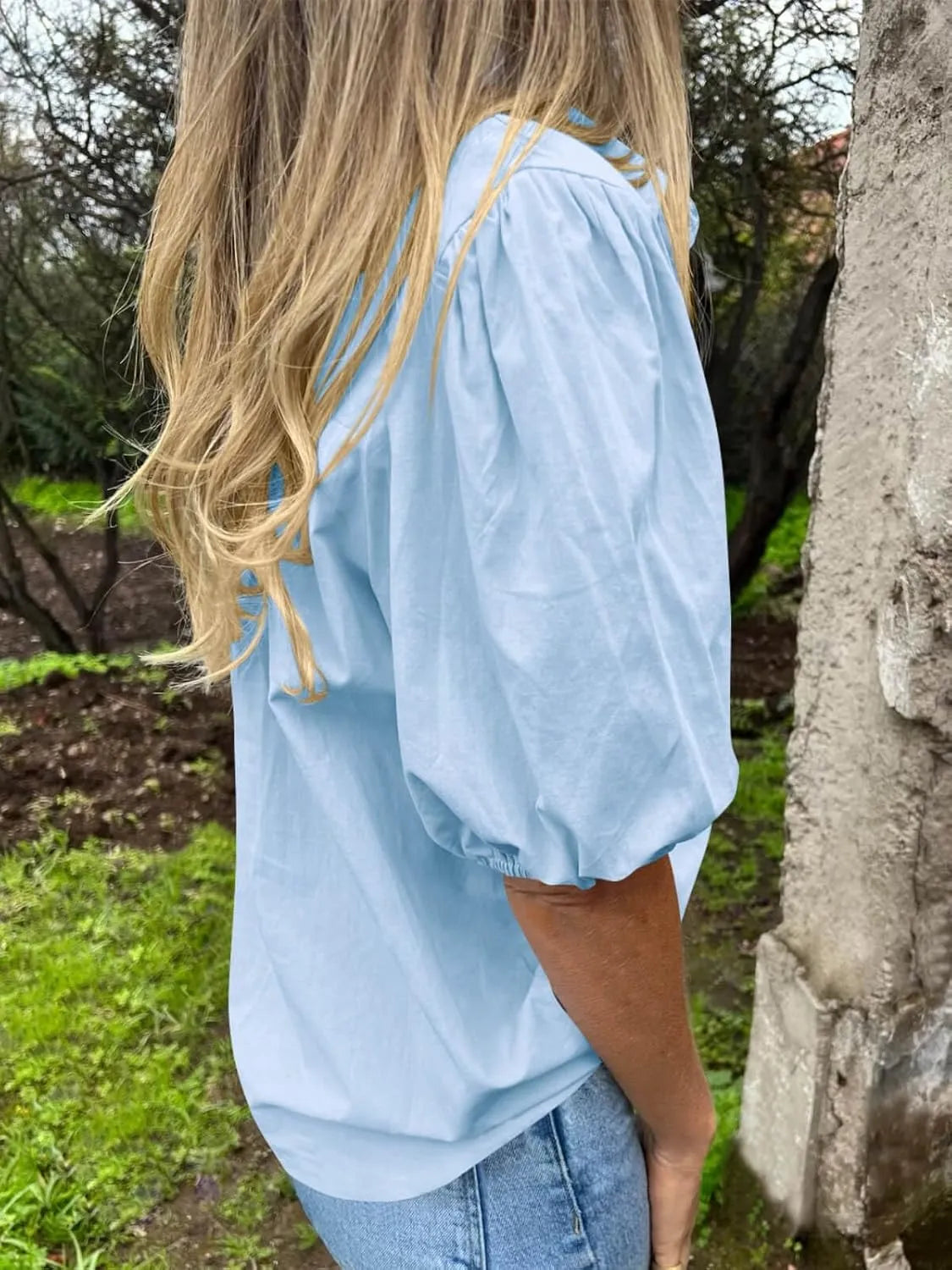 Button Down Puff Sleeve Shirt - Premium Women's Down Shirt Tops from Trendsi - Just $27.74! Shop now at Handbags Specialist Headquarter