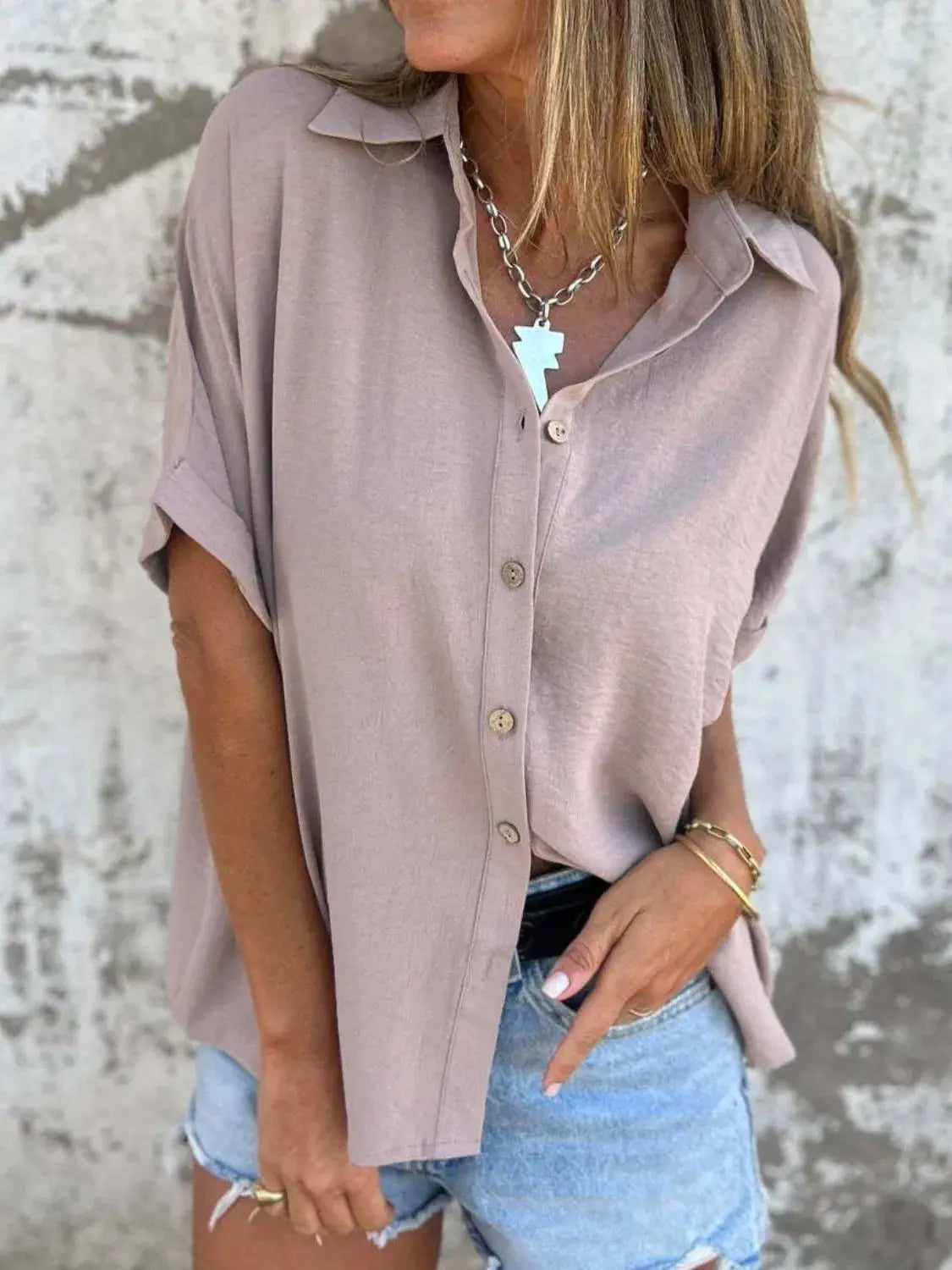 Full Size Collared Neck Half Sleeve Shirt Plus Size.