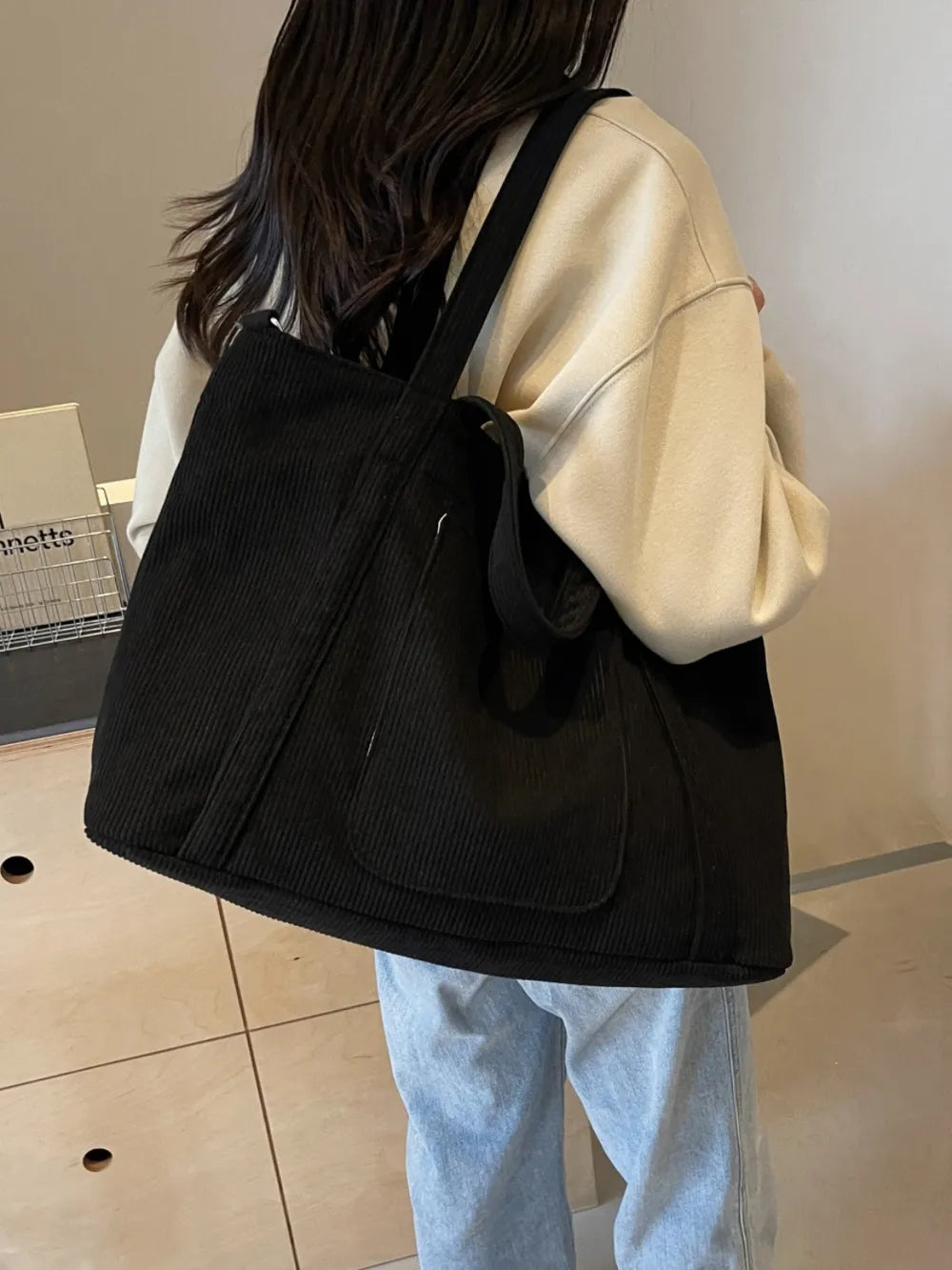 Corduroy Solid Large Tote Bag - Premium Tote Bag from Trendsi - Just $39.99! Shop now at Handbags Specialist Headquarter