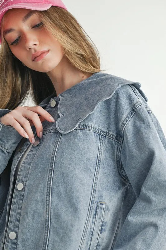 MABLE Scallop Peter Pan Collar Denim Jacket - Premium Women / Jeans & Denim from Trendsi - Just $64.90! Shop now at Handbags Specialist Headquarter