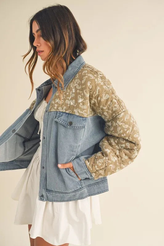 MABLE Quilted Paisley Print Contrast Denim Jacket - Premium Women / Jeans & Denim from Trendsi - Just $71.56! Shop now at Handbags Specialist Headquarter