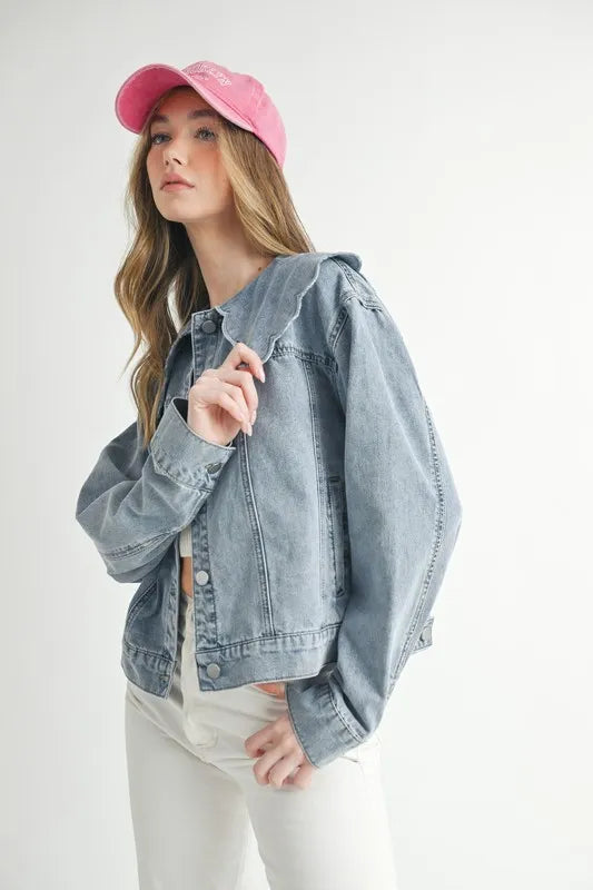MABLE Scallop Peter Pan Collar Denim Jacket - Premium Women / Jeans & Denim from Trendsi - Just $64.90! Shop now at Handbags Specialist Headquarter