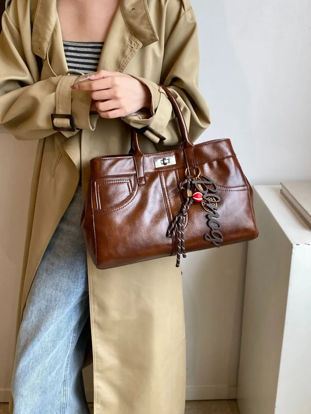 PU Leather Handbag with Pendant - Premium Tote Bag from Trendsi - Just $40.99! Shop now at Handbags Specialist Headquarter
