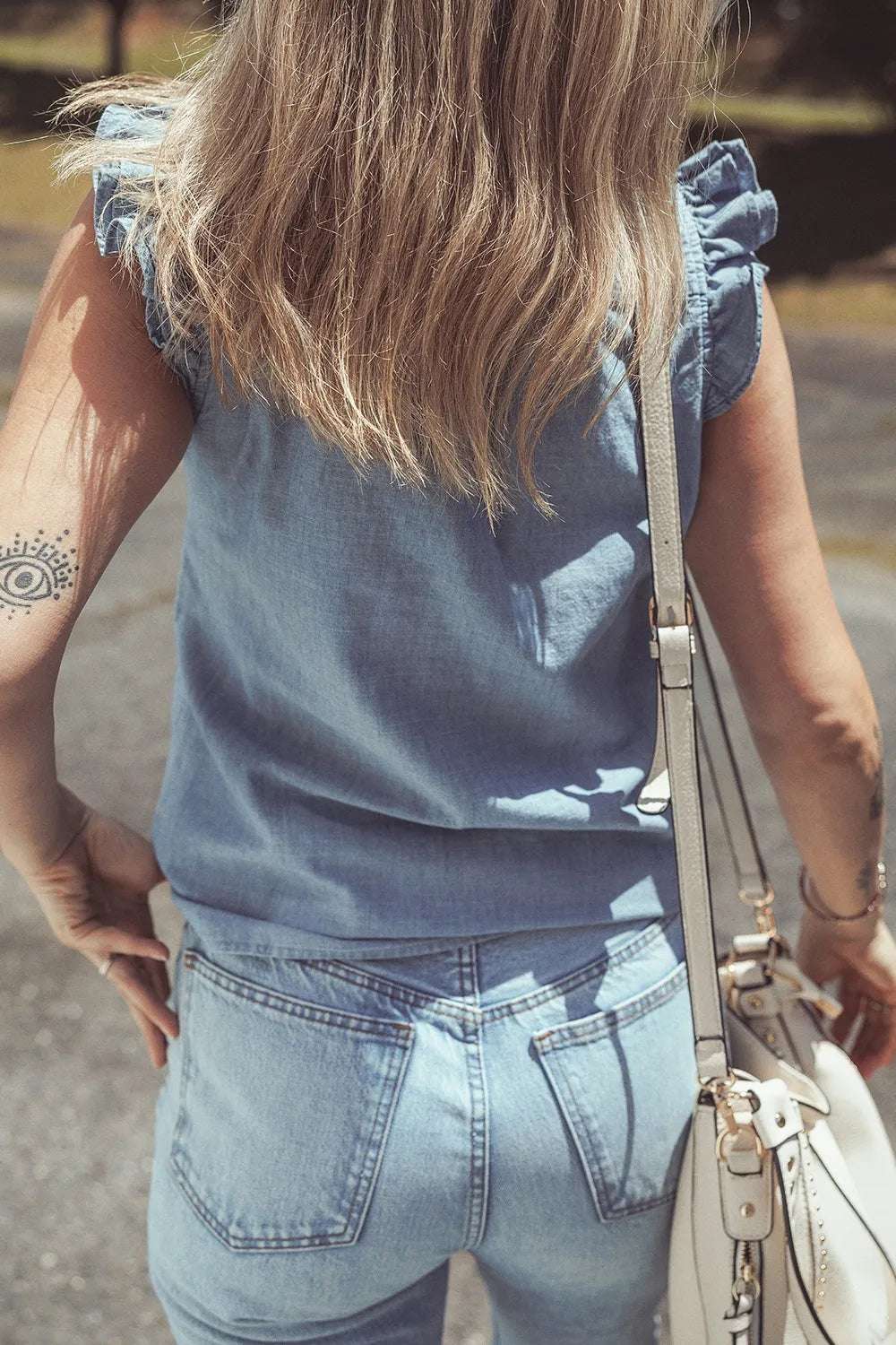 Frilly Ruffle Trim V Neck Chambray Tank - Premium Women / Jeans & Denim from Trendsi - Just $39.66! Shop now at Handbags Specialist Headquarter