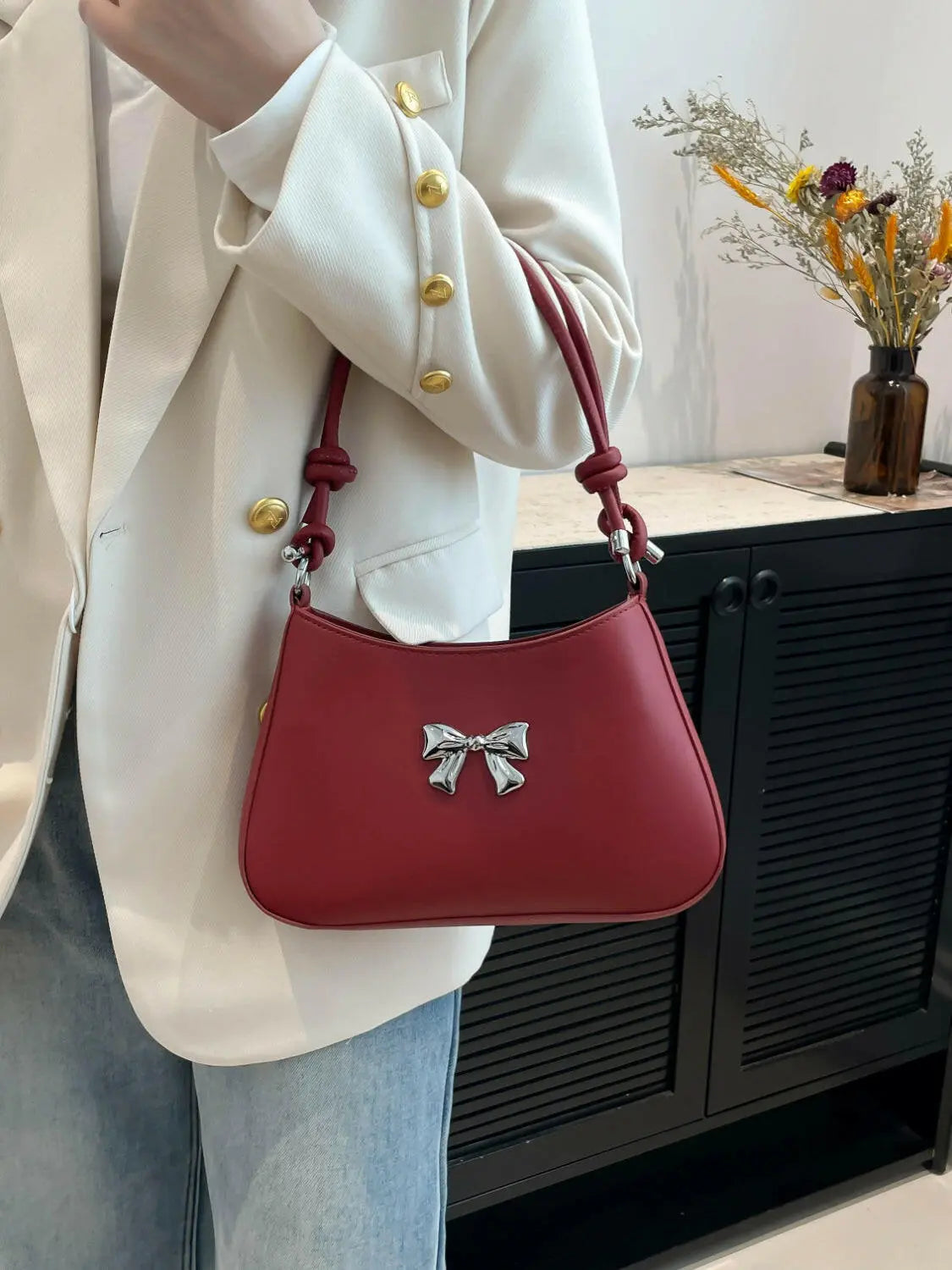 Bow PU Leather Knotted Strap Handbag.