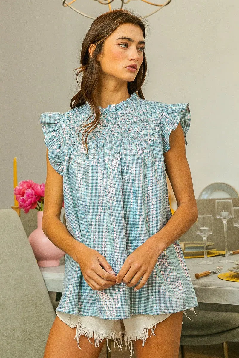 BiBi Clear Sequin All-over Gingham Smocked Top - Premium Women / Jeans & Denim from Trendsi - Just $69.36! Shop now at Handbags Specialist Headquarter