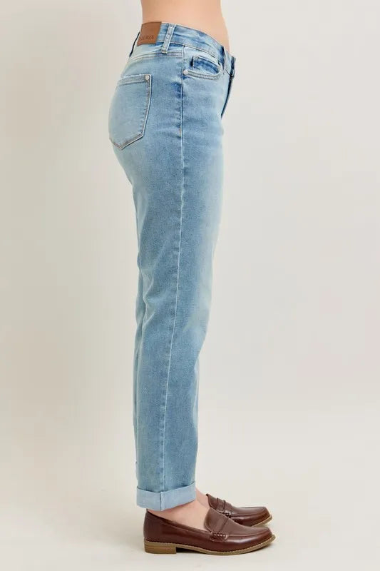 Judy Blue Full Size V-Front Cuff Boyfriend Jeans Plus Size - Premium Women / Jeans & Denim from Trendsi - Just $58.99! Shop now at Handbags Specialist Headquarter