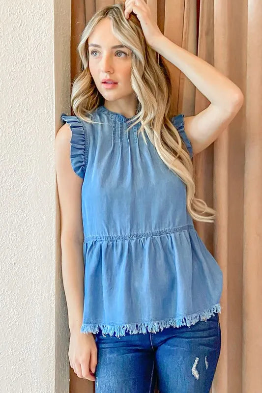 And The Why Chambray Ruffle Sleeveless Top - Premium Women / Jeans & Denim from Trendsi - Just $38.88! Shop now at Handbags Specialist Headquarter